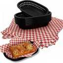 Plastic Fast Food Baskets with Paper Liners, 10.46.3 in Black Baskets & 1212 in Red Liners, Set of 10 Baskets & 100 Sheets for Burgers, Fries, Sandwiches, Parties, BBQ & Birthday