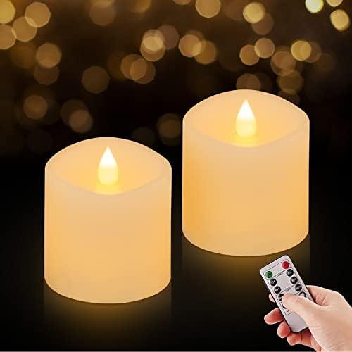 ASLDOIWEH 3x3 Flickering Flameless Candles Set of 2, 2AA Battery Life 600 Hours Battery Candles Flickering with Timer, 3 inch Flameless Candles with Remote for Indoor/Outdoor, White
