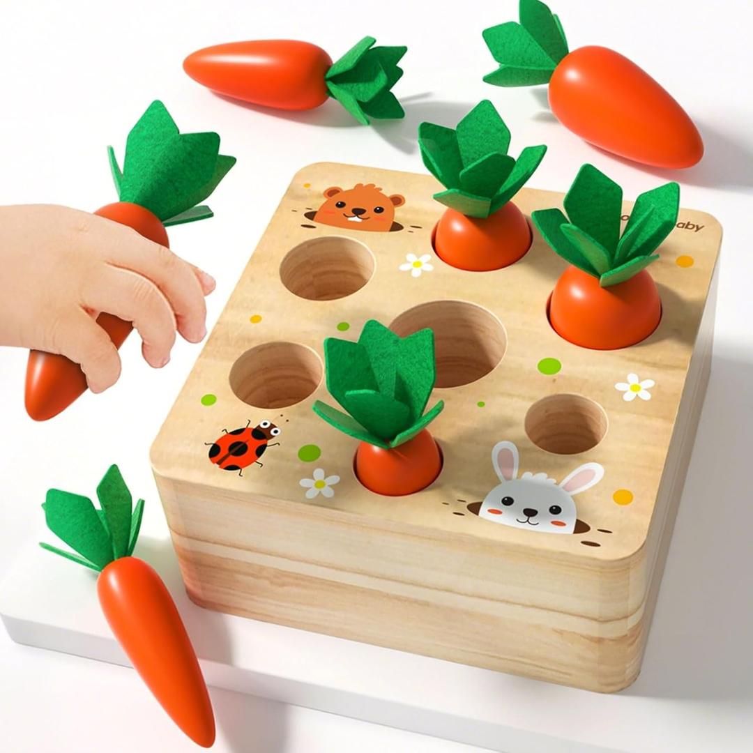 Wooden Carrot Harvest Montessori Toy for Toddlers 1-3, Shape Sorter Sensory Learning Toy for 1 2 3 Year Old, Fine Motor Skills Size Matching Educational Toy for Boys Girls, Birthday Gift