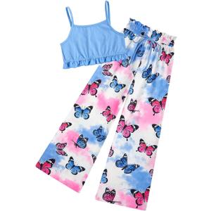 Girls 2 Piece Outfits Spring Summer Tropical Hawaiian Beach Vacation Wide Leg Pants Set Size 10-11 (Blue)