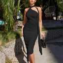 DAAWENXI Women's Sexy Sleeveless Ruched Slit Midi Dress Halter Mesh Bodycon Party Club Dresses