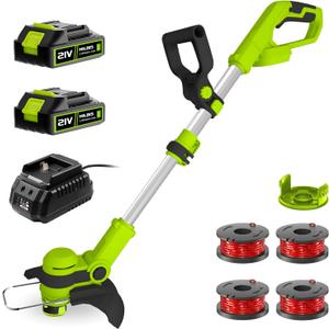 12 Inch String Trimmer Cordless, 21V Electric Weed Wacker with 2.0Ah Battery Powered, Auto Line Feed, 2 in 1 Trimmer and Lawn Edger with 4 Bonus Spools for Lawn, Garden, Yard (Yellow)