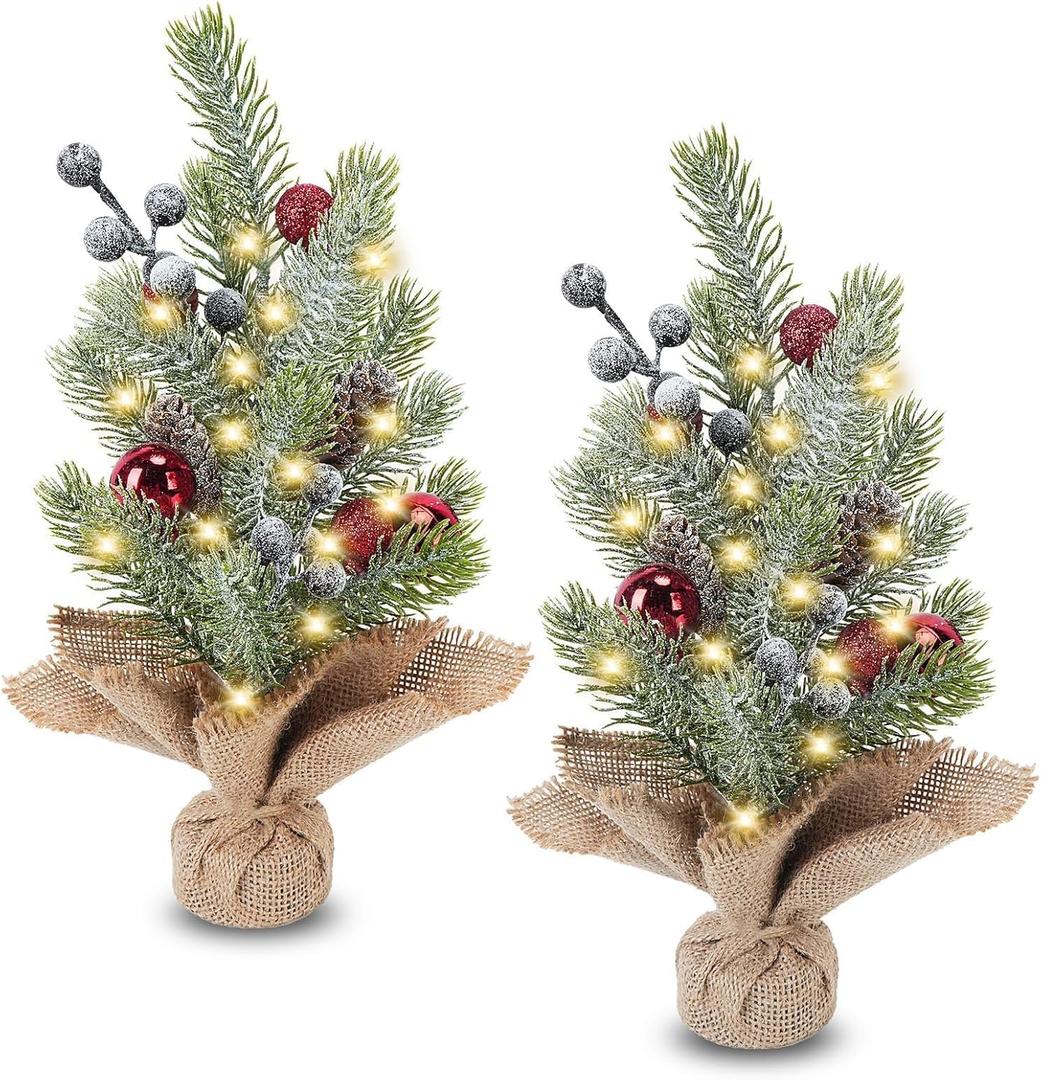 HUAESIN 2Pcs Mini Christmas Tree 12 Inch Flocked Tabletop Christmas Tree with Lighted Snow Frost Pine Cones Small Xmas Tree for Winter Decor Indoor Office Bedroom Kitchen Xmas Decorations (Green)