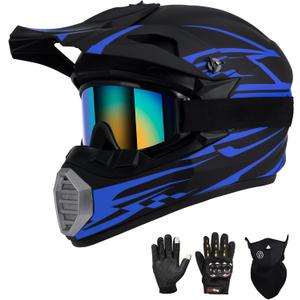 Youth Kids Motocross Helmet DOT Approved, Adult ATV Dirt Bike Off-Road Full Face Motorcycle Helmet with Goggles Gloves Mask for Boys Girls,Lightweight Breathable for Riding (Blue, Medium)