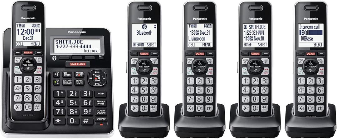 Panasonic Cordless Phone with Advanced Call Block, Link2Cell Bluetooth, One-Ring Scam Alert, and 2-Way Recording with Answering Machine, 5 Handsets - KX-TGF975B (Black with Silver Trim)