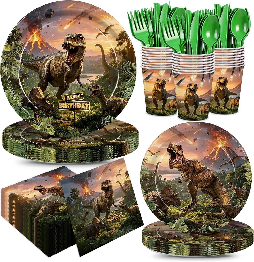 168pcs Dinosaur Party Supplies Paper Plates Napkins Dino World Decorations | Disposable Tableware Set Paper Cups Dinosaur Birthday Party Decorations for Kids Boys Birthday Decor Serves 24