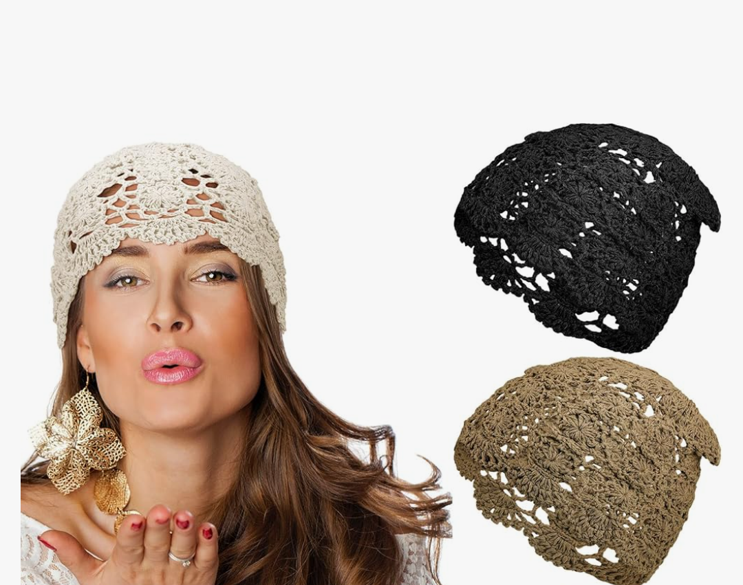 Newcotte 3 Pcs Crochet Slouchy Beanie Hat Women Handmade Knit Floral Summer Skull Cap Stretchy Lightweight Cotton Cutout
