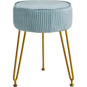 IBUYKE Velvet Round Footrest Stool Ottoman, Makeup Vanity Stool Side Table, Velvet Dressing Table Seat, Pouf Couch Stool, Golden Steel Legs, Blue LG-30H (without storage)
