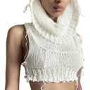 Women Knitted Hoodie Sweater Vest Sexy Sleeveless Hollow Out Hooded Crop Top Streetwear Rave Oufit (Large, White)