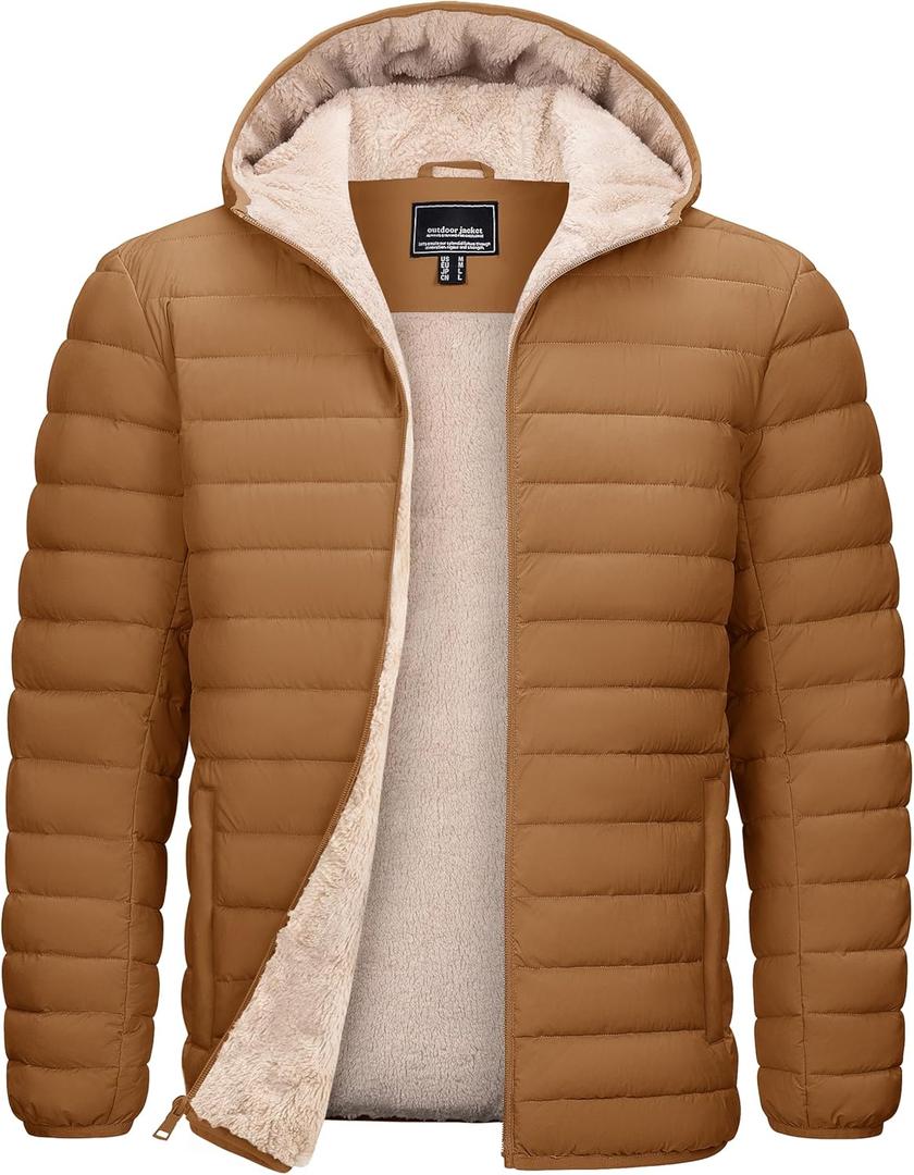 TACVASEN Men's Puffer Jacket Hooded Sherpa Lined Water Resistant Windproof Insulated Jacket Warm Winter Puffy Coat (Large, Light Brown)