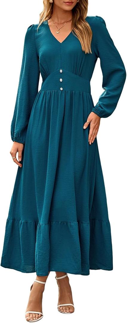 Dokotoo Fall Outifits for Women 2025 V Neck Puffy Long Sleeve Flowy Wedding Guest Dresses Swing Casual Long Dress Tiered Ruffle A Line Elegant Cocktail Party Dresses Blue, Small