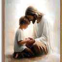 KISSFOX Jesus Canvas Wall Art Jesus and Little Boy Framed Wall Art Christian Religious Serenity Prayer Art Prints Artwork For Prayer Living Room Bedroom Kitchen Boy Room, 16x24 inch, 16"x24" Natural