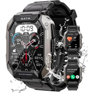 Military Smart Watches for Men IP68 Waterproof for Swimming, with Answer/Make Calls, 80 Days Extra-Long Battery Outdoor Tactical Smart Fitness Watch for Android, Black (Standard)