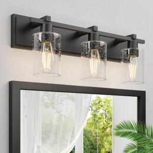 Espird Bathroom Vanity Light,3 Light Matte Black Light Fixture with Thickened Seeded Glass Shade, 24 inch Modern Wall Sconce,Vanity Light Over Mirror for Bathroom