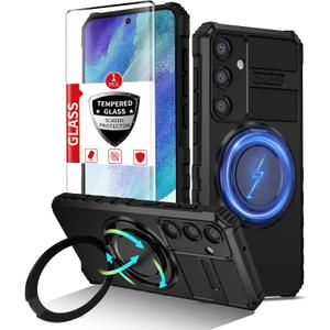 for Samsung Galaxy S21 FE Case Magnetic Compatible with MagSafe Wireless Charging,with 2 Screen Protectors,for S21 FE Case with Stand Ring Military Grade Shockproof Heavy Duty Protection Black