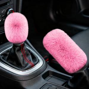 2PCS Plush Car Gear Shift Knob Cover & Handbrake Cover, Shift Knob Protector, Soft Fluffy Gear Handbrake Protective Sleeves, Shifter Lever Brake Handle Warm Plush Set for Cars (Pink)
