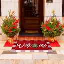 Tinideya 2 Pcs Christmas Doormats Xmas Tree Welcome Outdoor Door Mats Red and White Layered Front Door Rugs Non Slip Floor Mats for Holiday Porch Entryway Indoor Outdoor