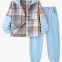 Boys Clothes Plaid Hooded Sweatshirt & Solid Colour Sweatpants With Pocket-2 Piece Sets,Fall Winter Boys Outfits, 9-10 Years