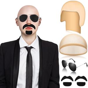 Mepase Bald Caps with Glasses and Mustache Bald Head Wig Cap Party Costume Accessories for Women Men Halloween Cosplay (Black)