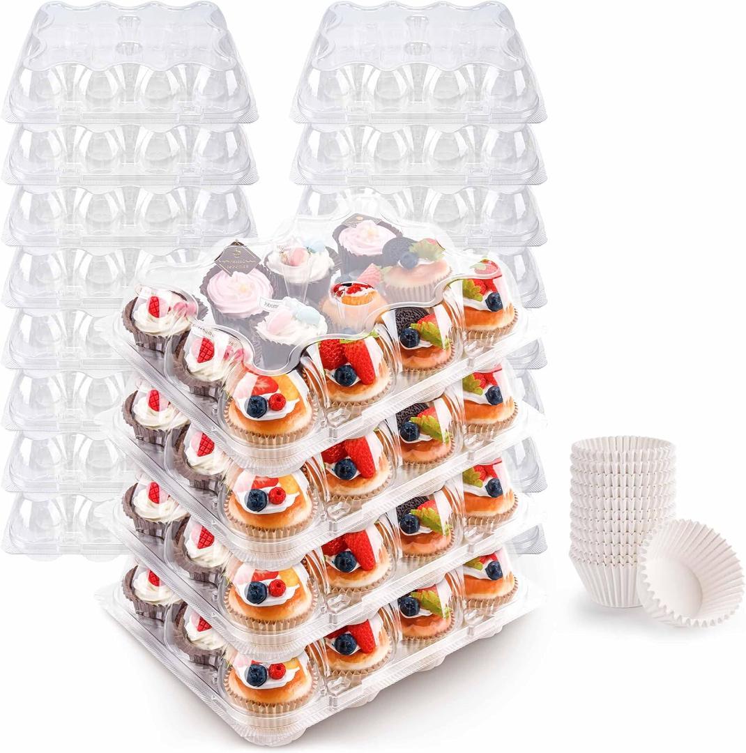 NPLUX 12 Count Cupcake Containers 12 Pack Cupcake Holders Plastic Stackable Cupcake Boxes with Detachable Tall Dome Lids and 144 Liners for 144 Cupcakes, BPA Free, Standard Size