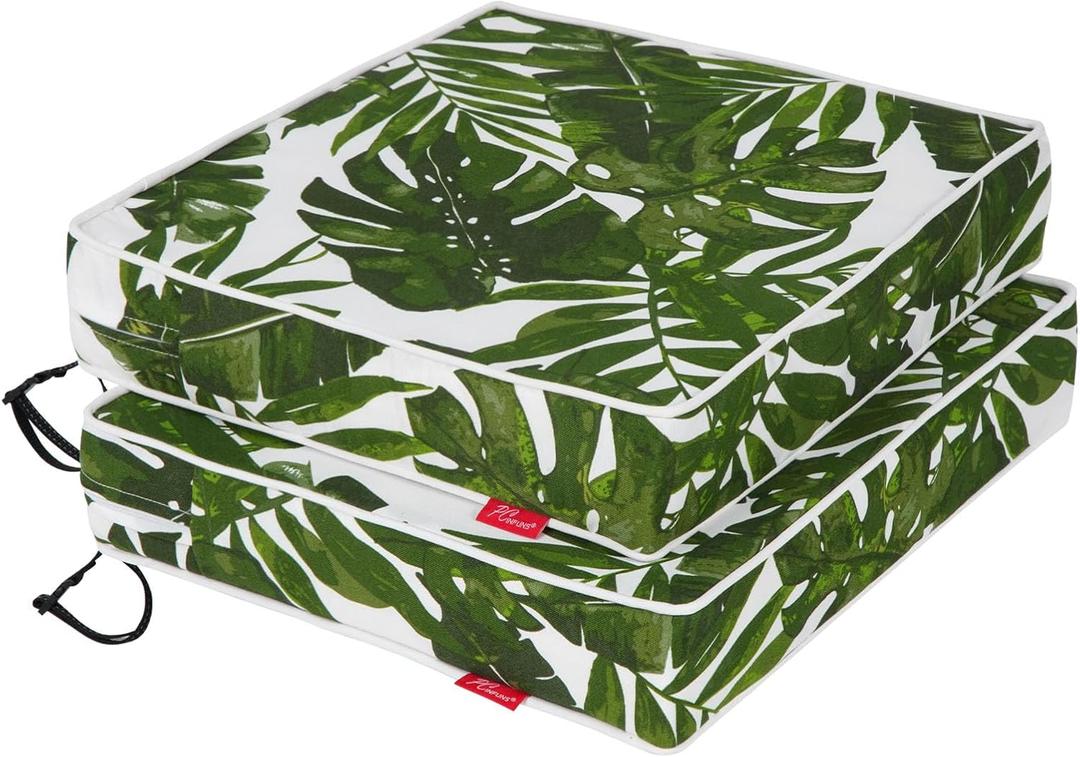 Pcinfuns Outdoor Chair Cushion 22 x 22 Inch Seat Cushions for Patio Furniture Garden Sofa Couch Chair Pads with Adjustable Straps Set of 2, Green Leaves