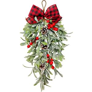 20 Inch Large Christmas Mistletoe Teardrop Swags Decor Christmas Holiday Kissing Mistletoe Artificial Hanging Bouquet Xmas Ornament with Sprigs Red Berries for Xmas Holiday Decor