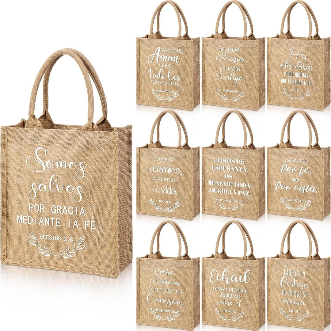 SATINIOR 10 Pcs Christian Burlap Tote Bags Reusable Blank Jute Burlap Religious Grocery Bag with Handle DIY Bible Verse Bags Waterproof Canvas Easter Gifts for Women Vacation Bible School