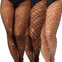Geyoga 3 Pair Plus Size Fishnets Thigh High Stockings Sparkly Rhinestone Tights Stockings Glitter High Waist Tights for Women (X-Large, Black)