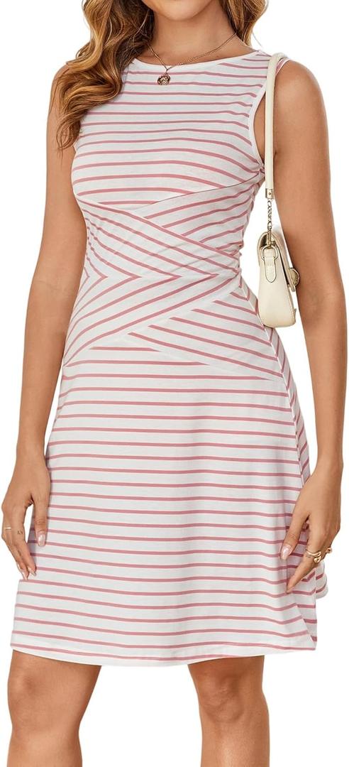 Verdusa Women's Casual Dresses 2025 Sleeveless Striped Mini Dress High Waisted A Line Bodycon Dresses (XS)
