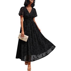 LILLUSORY Womens Summer Floral Maxi Dress Short Sleeve V Neck Wedding Guest Long Dresses with Pockets (Small, Black)