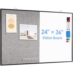 ARCOBIS Cork Board White Board Combo, 36"X24" Linen Bulletin Board Whiteboard for Wall, Magnetic Dry Erase Corkboard for Home, Office, School, Grey