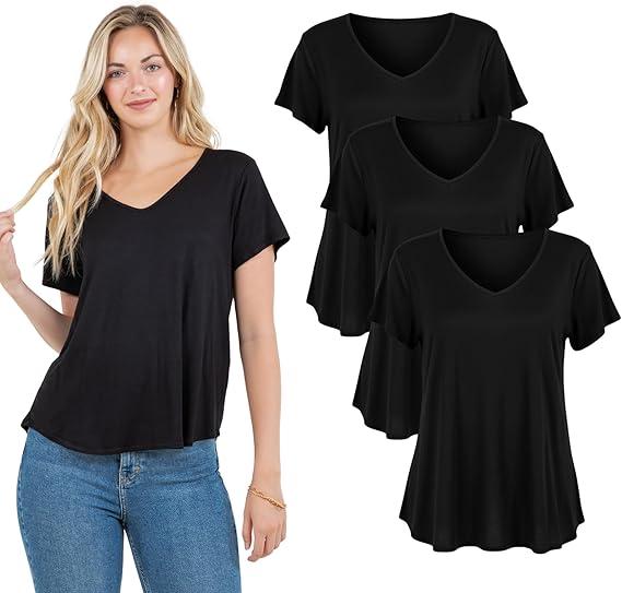 Azules 1 Pack Women’s V Neck Short Sleeve T Shirts – Soft Stretchy Loose Fit Casual Tee, Breathable Plus Size V Neck Tops (S, Black)