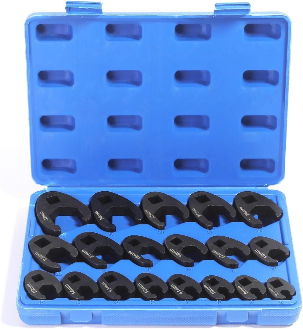 Yonligonju 19PC Crowfoot Flare Nut Wrench Set, Large & Small Metric, Fits 8 to 32 mm Flare Nuts, Works with 3/8" and 1/2" Drives Ratchets Extenders for Nut Removal