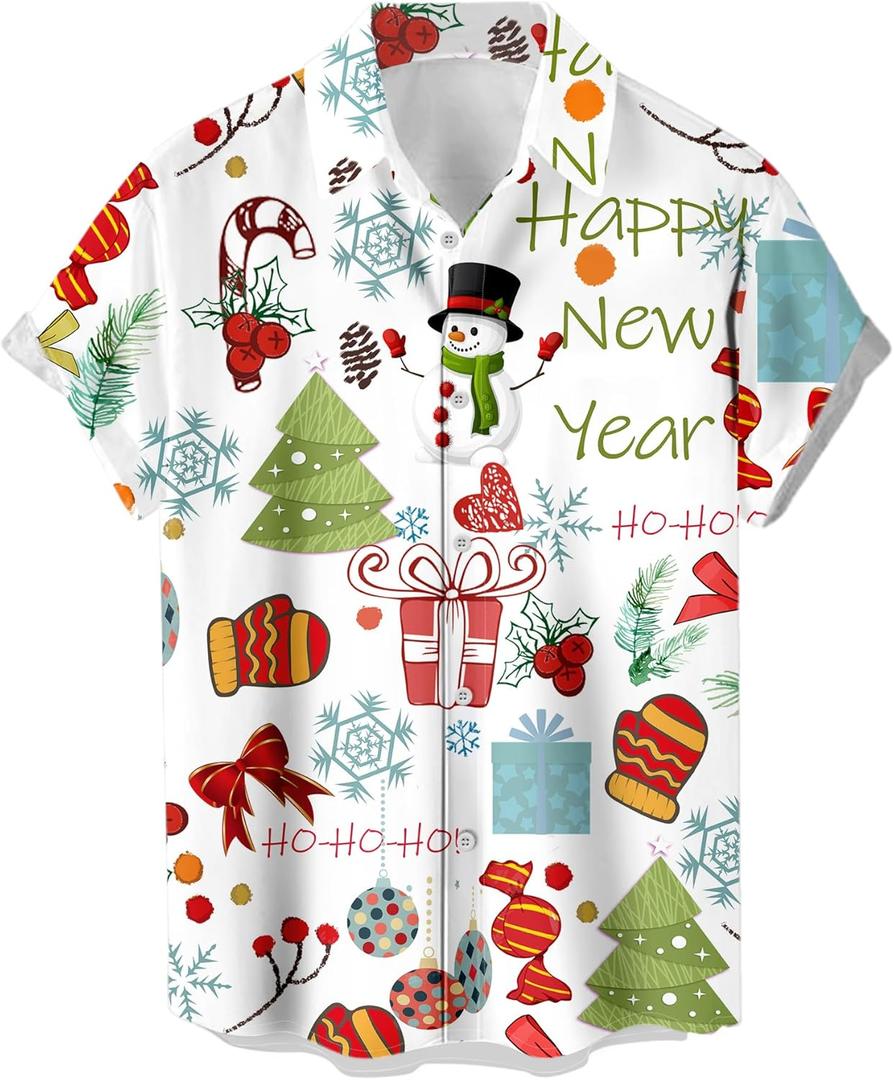 Men's Funny Christmas Shirts Short Sleeve Button Up Vacation Bowling Shirt (4X-Large, Christmas-white Happy New Year)