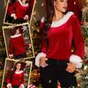 Christmas Tops for Women - Xmas V Neck Fur Trim Sweaters Casual Loose Sweatshirts Velvet Long Sleeve Pullover (Red, M)