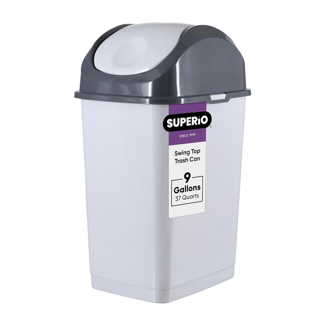 Superio Kitchen Trash Can with Swing Top Lid 9 Gallon Slim Waste Bin 37 Qt Sturdy Plastic Garbage Can Medium Recycling Bin for Office, Bathroom, Under Counter, Dorm, Bedroom (Smoke White/Grey)