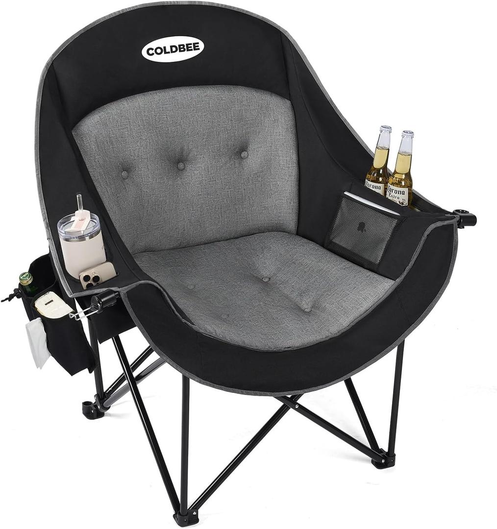 Coldbee Oversized Camping Chairs, Heavy Duty Padded, Thick Headrest, Black | Strap Opener, No assembly, Big & Tall adults, Folding lawn chairs, Convenient hook, Phone pocket, Patio, Beach, Picnic