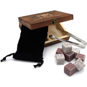 Whiskey Stone Gift Box set with 9 Premium Granite Stones (Won't Water Down Your Drink!), Wood Box, Velvet Carrying Bag and Tongs (Natural Red)