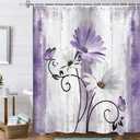 Rustic Farmhouse Shower Curtain, Farm Purple Daisy Floral Flowers and Butterfly on Country Wooden Shower Curtain for Bathroom, Violet Grey Bathroom Shower Curtains with 12PCS Hooks, 70X70IN