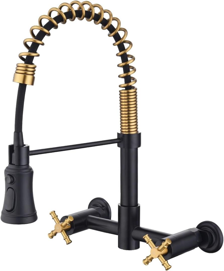 Wall Mount Kitchen Faucet, 8 Inch Center Wall Mount Faucet with Pull Down Sprayer, Commercial Spring Wall Faucet for Kitchen Sink, 3 Functions, Dual Handle, 304 Stainless Steel, Black and Brushed Gold
