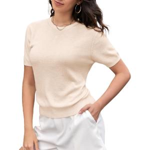 SANGTREE Women's Short Sleeve Sweaters Crew Neck Pullover Tops Summer Sweaters for Women (X-Large, 01#camel)