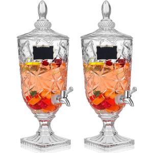Zhehao 2 Pcs Drink Dispensers for Parties 1.3 Gallon Glass Beverage Dispenser Clear Vintage Crystal Iced Beverage Dispenser with Spigot and 2 Wooden Chalkboard Wide Mouth Beverage Server for Bar Home