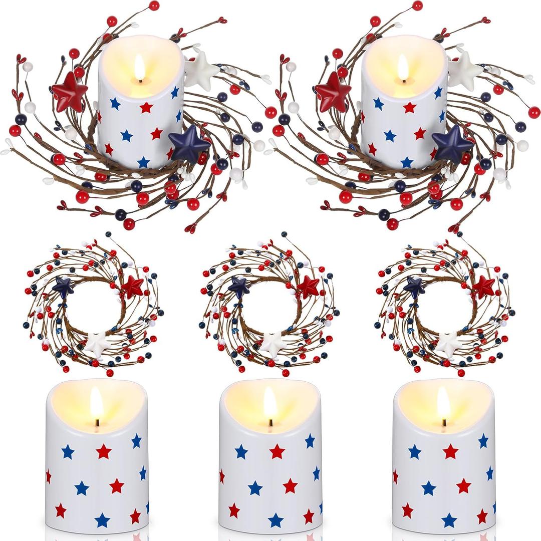 Yunlly 3 Set Mini Patriotic Candle Rings Wreaths with Flameless Pillar Candles 3 Inch Red White Blue Star Mixed Berries Pip Berry Wreaths for Veterans Day 4th of July Memorial Tabletop Decor