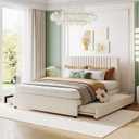 Linen Upholstered Bed Frame Queen Size, Queen Bed Frame with Storage Drawers, Modern Platform Bed Frame Queen Size with Headboard and Twin XL Trundle Bed, No Box Spring Needed (Beige)