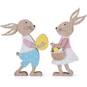 2 x Easter Table Decor Bunny Decorations Wooden Spring Signs for Home, Wood Rabbit Tiered Tray, Mantal Decor for Farmhouse or Office Party Supplies