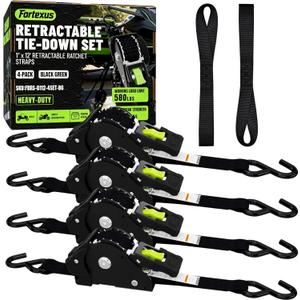 Retractable Ratchet Straps, 4-Pack, 1 Inch x 12 Feet, 1,760lb Break Strength, Self Retracting Tie Down for Truck, Cargo Trailer, Motorcycle, ATV, UTV (Black, 4pack)