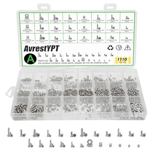 AvrestYPT 1110Pcs 304 Stainless Steel Metric Micro Screws Nuts Assortment, M1 M1.2 M1.4 M1.6 M2 M2.5 Sizes, Phillips Pan Head, Fully Threaded Kit for Arduino, RC Models, Electronics, DIY Projects