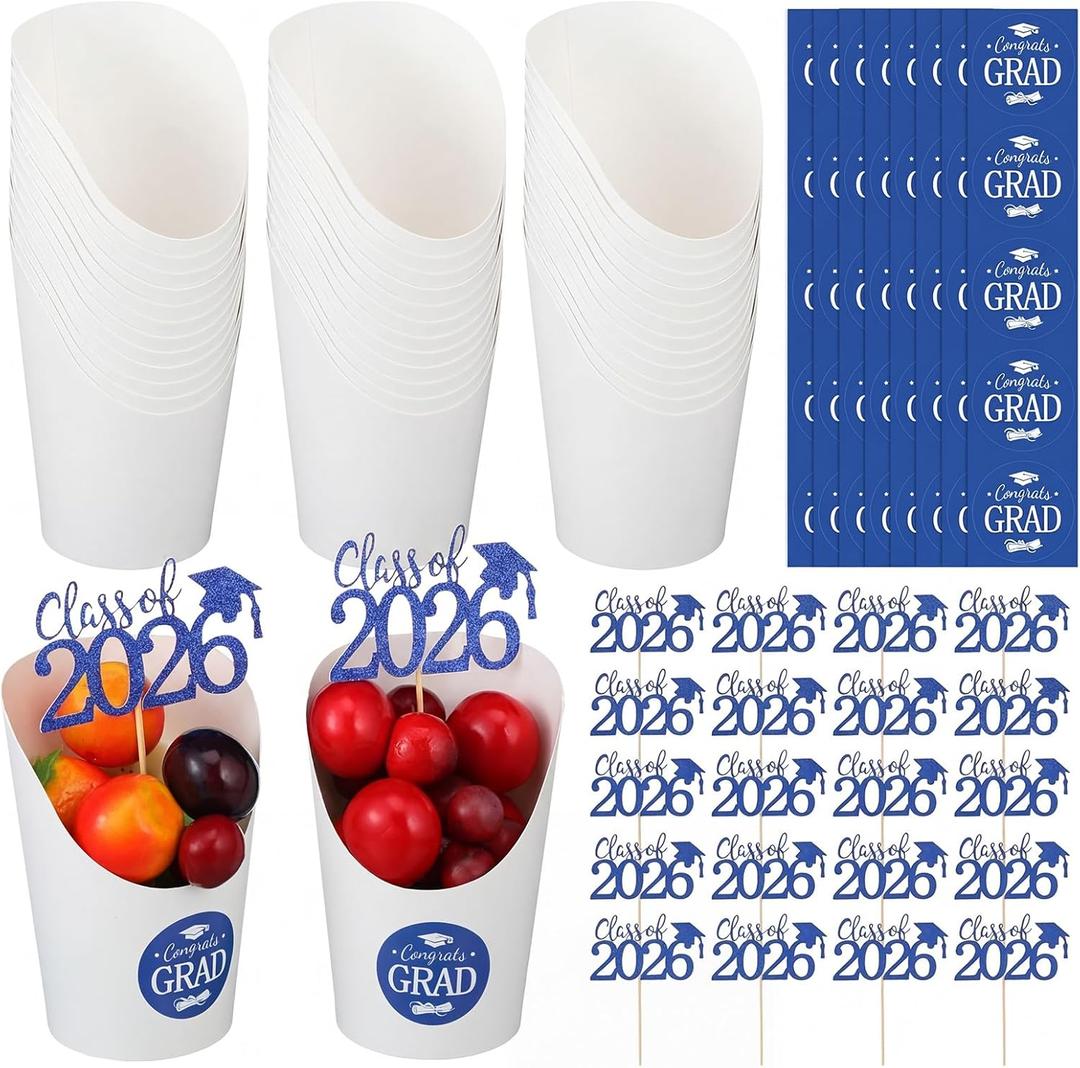 50 Set 2026 Graduation Charcuterie Cups, 14 oz Disposable French Fries Snack Appetizer Cup with Congrats Grad Stickers Class of 2026 Signs for Graduation Party Supplies(Blue, White)