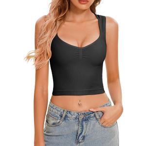CHYRII Womens Square V Neck Tank Tops Sleeveless Summer Going Out Workout Yoga Basic Crop Tops (Small, Black)