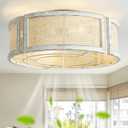 20" Boho Ceiling Fans with Lights, Rattan Flush Mount Ceiling Fan with Light Remote Control with Caged 6 Speeds for Bedroom, Nursery, Living Room (White) (Ivory)